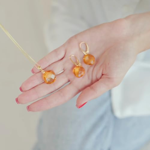 Leverback Dangle Earrings for Women – Gold-Plated 925 Silver Drop Earrings with Natural Yellow Baltic Amber Piece, Lightweight Jewelry with Secure Closure for Everyday Elegance - color: Faceted Cushion