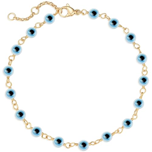 BENEIGE Women Bracelet 14K Gold Plated Paperclip Satellite Bead Ball Oval Cuba Cable Box Chain Daily Charm Layered Link Silver Bracelets Adjustable Jewelry - style: Eye Blue