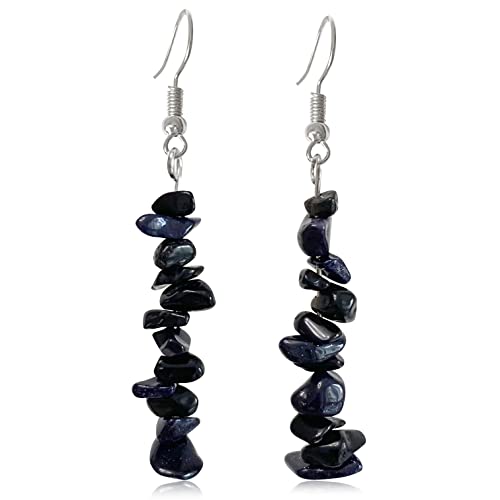 Handmade Bohemian Vintage Silver Nature Stone Beads Long Dangle Drop Earrings for Women - color: Black