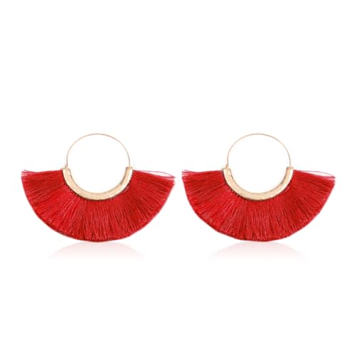 Bohemian Silky Thread Tassel Strand Fringe Statement Hoop Earrings - Lightweight Semi Circle Fan Threader, Mermaid Hoops - color: Halfmoon Tassel Hoops - Red 1
