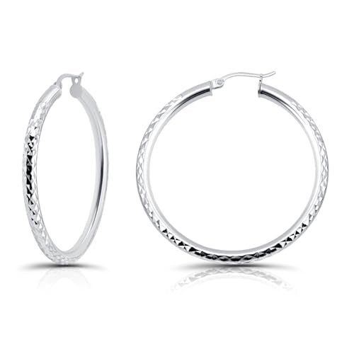 Hoops & Loops 925 Sterling Silver Diamond-Cut Round Hoop Textured 3mm Click-Top Earrings for Women, Slver, Two-Tone 14K Yellow Gold Flash Plate 15/20/25/30/35/40/45/50mm Hoops - color: Silver, size: 40mm (1.56'')