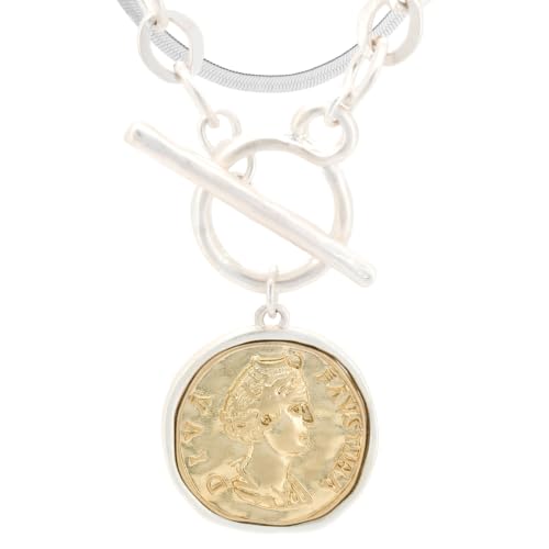 Chunky Gold Coin Pendant Necklace Trendy Layered Statement Chain for Women, Antique Toggle Design with Thick Link, Fashionable Necklaces for Women - color: 2pcs sliver coin + Herringbone