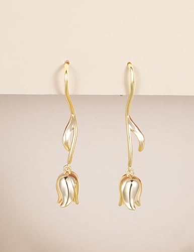 Mameloly Flower Earrings for Women Dainty 14K Gold Plated White Freshwater Pearl Stud Earrings Hypoallergenic - color: Tulip