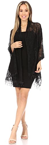 Sakkas Mari Women's Large Lightweight Soft Lace Scarf Wrap Shawl Floral and Fringe - color: Style3-black