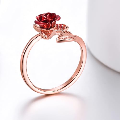 U7 Rose Flower Ring, Stackable Band Ring for Women Girls, Platinum Silver/Gold/Rose Gold Red Signet Rings Adjustable Fit Size 5 to 10 - color: Red Rose-Rose