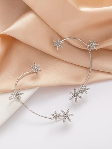 2PCS Glitter Rhinestone Snowflake Ear Cuff Vintage Flowers Non-Piercing Fake Earrings Bridal Wedding Climber Ear Wrap Prom Ball Ear Jewelry for Women
