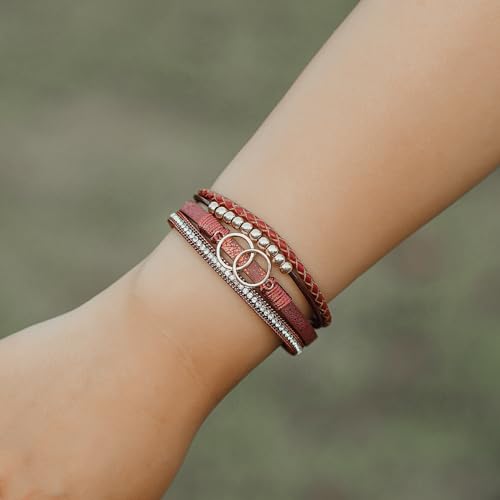 FANCY SHINY Boho Leather Wrap Bracelet Stackable Infinity Chunky Cuff Bracelets Western Hippie Outfits Jewelry Valentine Gifts for Women - color: Burgundy