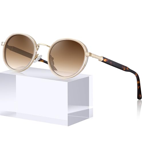 CARFIA Retro Round Sunglasses for Women Polarized UV Protection, Durable Acetate-Metal Frame Designer Eyewear CA1951 - color: 2. White Brown Frame + Gradient Brown Lens