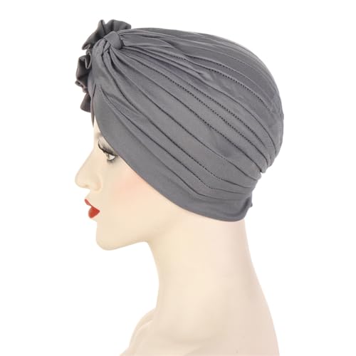 Flower Turban Hats for Women - Ruffle Bead Stretch Solid Caps Chemo Cancer Pre Tied Headscarf Headwear - color: Gray