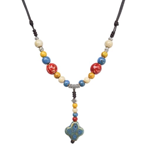 Adjustable Ceramic Beaded Necklace for Women, Boho Handmade Flower Pendant Necklace, Hippie Jewelry for Mom and Wife - color: Blue-Yellow-Red, style: Bohemian