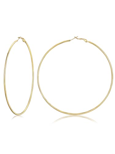 FOCALOOK 14K Gold Plated Lightweight Large Hoops| 2mm Thin Hoop Earrings for Women 30/40/50/70/100mm - color: 01.Gold, size: 100mm