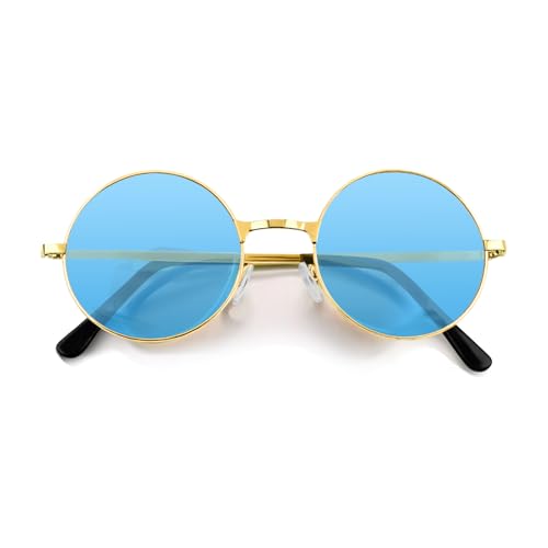 NACHLYNN Round Hippie Sunglasses Metal Border Circle Hippie Glasses UV380 Protection 70s Sunglasses for Men Women Party Favor - color: Blue