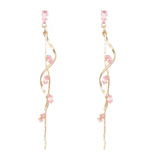 Temperament Long Zircon Tassel Earrings for Women Charm Jewelry Sparkling Crystal Leaves Twist Dangle Earrings for Friends - color: Gold-Pink Leaves