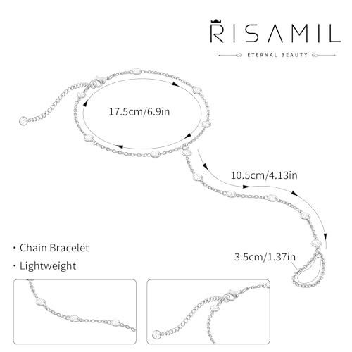 Risamil 14K Gold Plated Hand Chain Bracelets for Women Trendy, Dainty 2PCS Ring Bracelet Hand Chain Finger Bracelets Layered Stackable Link Bracelets for Women Jewelry Gifts for Women - color: CZ-Silver