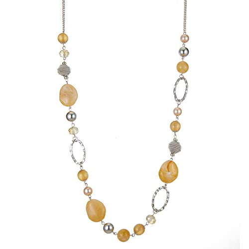 BULINLIN Beaded Long Necklace for Women Silver Sweater Chain Necklace with Crystal Resin Beads, Fashion Jewelry Necklace - color: Beige