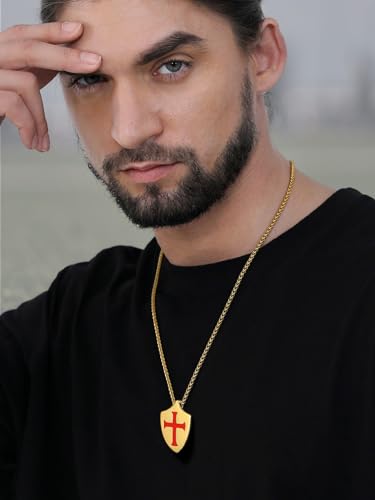 FaithHeart Knights Templar Necklace for Men, Christian Necklace for Men Stainless Steel Pendant Neckalces Christian Gifts with Gift Box - color: 06. Shield-Gold(Custom)