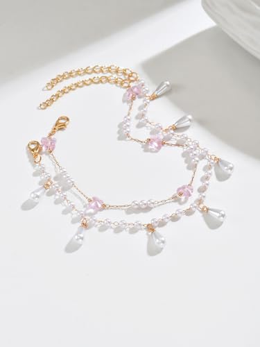 2Pcs Layered Pearl Anklet Set for Women - Dainty Imitation Pearl & Teardrop Charm Ankle Bracelets, Beach Foot Jewelry