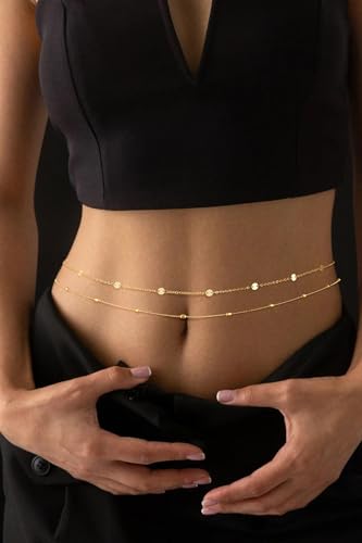 Gold Waist Chain for Women Dainty 14K Gold Plated Layered Belly Chain Adjustable Bikini Belly Beads for the Waist Waterproof Beach Accessories Body Chain Jewelry for Gifts - style: BY0007