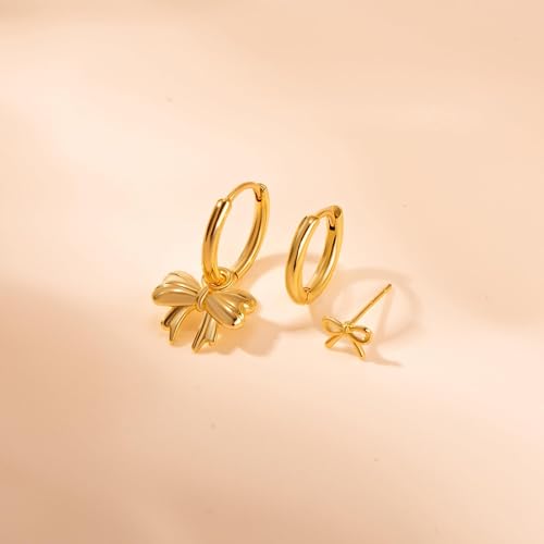 3 Pairs Small Earring Stacks, 14K Gold/Silver/Black/Rose Gold Plated Pearl Heart Butterfly Star Diamond Charm Drop Huggie Earrings Trendy Jewelry Gift for Women - color: Gold-Bow