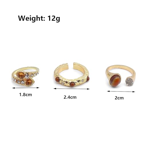 3Pcs Tiger Eye Stone Rings Set,Vintage Tiger Eye Stone Knuckle Rings,Sparkling Rhinestone Adjustable Rings Brown Jewelry