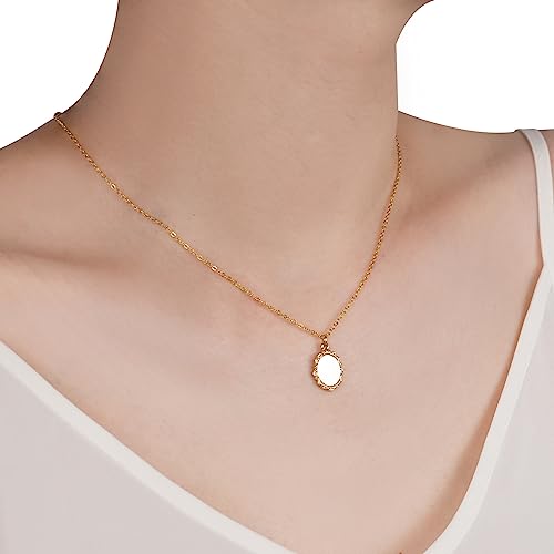 FarF&ME Dainty Mother of Pearl Necklace Gold Silver Oval Shell Pendant Cable Chain Vintage Retro Stackable Necklace Gift for Women
