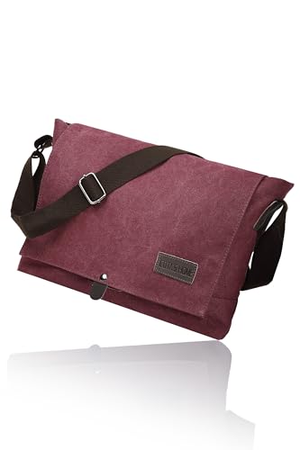 Cota's home Mens Canvas Messenger Bag, Satchel Bag for Men, Fits 14" Laptop, Compact Work Bag for Office & Travel - color: Wine Red