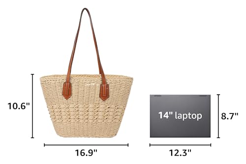 Women's Straw Shoulder Bag Large Rattan Woven Totes Summer Travel Beach Handbag Handmade Top Handle Purse - color: Beige
