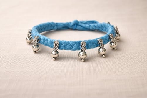 athizay Boho Charm Thread Choker Necklace – Braided Bohemian Choker with Oxidized Silver Dangle Charms | Handmade Boho Jewelry for Women - color: Sky blue, Silver