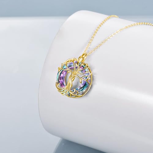 TOUPOP Tree of Life Necklace Gifts for Women 925 Sterling Silver Family Tree Pendant with Crystal Birthday Irish Jewelry Gifts for Women Her Wife Mom - color: 03-Gold-Purple Crystal