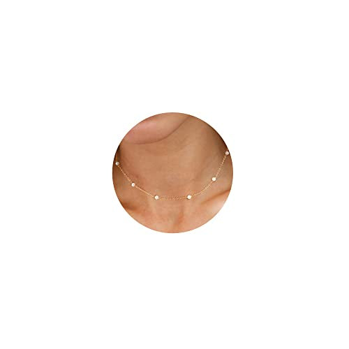 CHESKY 14k Gold Plated/Silver Plated Dainty Necklace for Women, Trendy Satellite Choker Necklace Thin Beaded Layered Choker Necklaces Discs Paperclip Chain Necklaces Womens Simple Jewelry - style: Gold pearl