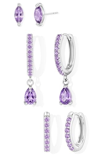 14K Gold Plated Small Huggie Hoop Earrings Set for Women, Hypoallergenic Dainty Sterling Silver Dangle Studs for Cartilage Helix, Lightweight Trendy Cute Stack Birthstone Jewelry Gift - color: 06_Alexandrite_Jun_Silver