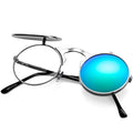 AIEYEZO Round Flip Up Sunglasses for Men and Women Rave Flip Glasses 90's Retro Steampunk Style - color: Silver/Green Mirror