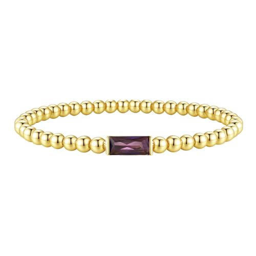 FUNEIA Birthstone Gold Beaded Bracelets for Women Non Tarnish Trendy Dainty 14K Gold Plated Cute Stackable Bead Stretch Friendship Bracelet Stack for Best Friend Couples Birthday Gifts Jewelry - color: 02. February(Amethyst Bracelet), size: 7.5 Inches