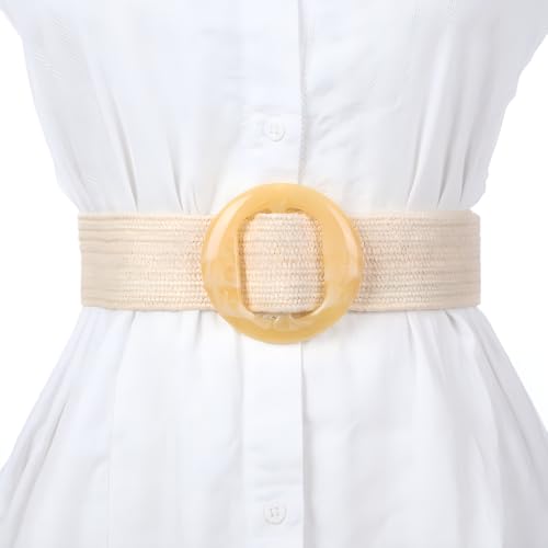 beltox fine Women PP Straw Braided Elastic Belt Solid Color with Round Buckle - color: Khaki, size: XS-XL(28-40 inch stretch range)