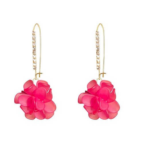 Boho Flower Dangle Earrings for Women Long Drop Resin Acrylic Tiered Petal Statement Earrings Handmade Lightweight Vintage Floral Chunky Drop Jewelry - color: Hot Pink