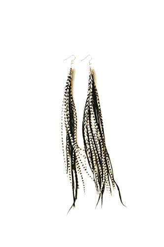 Feather Headz Bohemian handmade long lightweight feather dangle earrings for women - color: Black & Grizzly