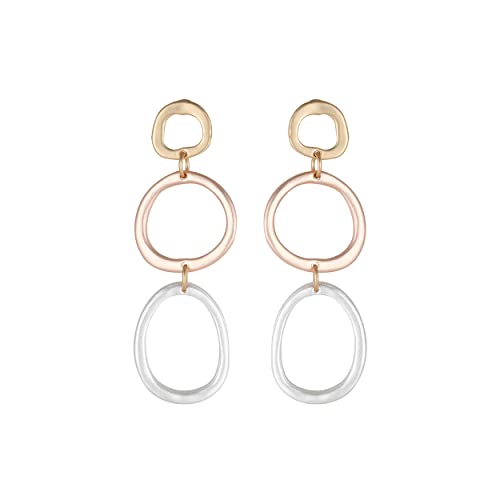 Bohemian Boho Round Circle Hoop Dangle Drop Earrings for Women – Delicate – Hammer Texture – Matte Plated – with Gift Box Included - style: MATTE SILVER, GOLD, & ROSE GOLD THREE TONE - THREE CIRCLE DANGLE
