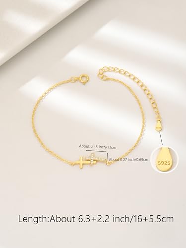Double Cross Bracelet for Women 925 Sterling Silver Dainty 14K Gold Plated Cubic Zirconia Bracelet Faith Christian Bracelets Adjustable Chain Religious Christian Baptism Jewelry Gifts - color: Gold 2