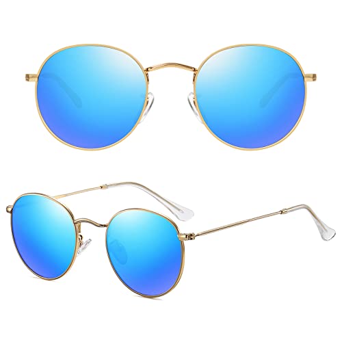 MEETSUN Round Polarized Sunglasses for Women Men Classic Retro Metal Frame Sun Glasses UV Protection - color: Gold/Blue