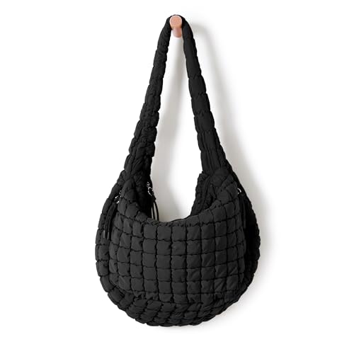 ODODOS Quilted Carryall Tote Bag for Women Crossbody Hobo Lightweight Padding Shoulder Bag - color: Black