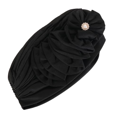 Flower Turban Hats for Women - Ruffle Bead Stretch Solid Caps Chemo Cancer Pre Tied Headscarf Headwear - color: Black