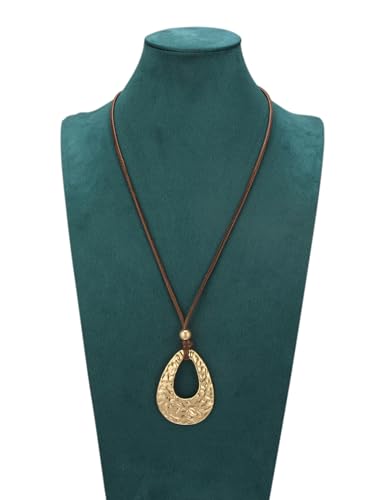 Kelake Leather Necklace for Women Men Teen Vinatge Boho Alloy Pendant Choker Jewelry Fashion Sweater Necklaces with Adjustable Genuine Leather Chain - color: Gold Pear-shaped Pendant