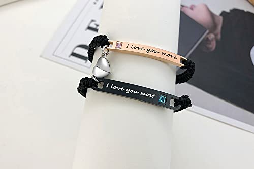 MEALGUET Personalized Couple Bracelet Customized Couple Bracelets Set Mutual Attraction Custom Name Relationship Bracelet Personalized Gift for Men Women - style: I love you more/most-heart magnetic