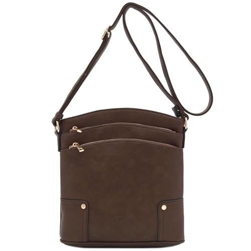 ALYSSA Triple Zip Pocket Large Crossbody Bag - color: Coffee