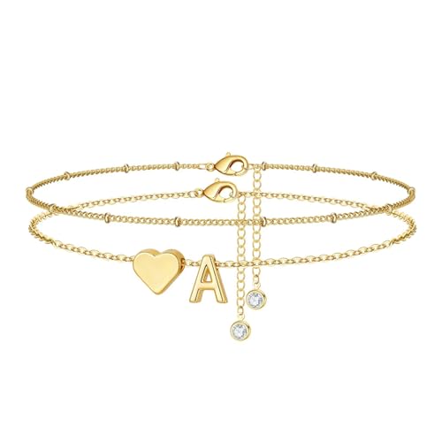M MOOHAM Gold Initial Ankle Bracelets for Women - Layered Heart Letter A-Z Initial Dainty Gold Anklets for Women Waterproof, Womens Anklets Jewelry Birthday Gifts Jewelry - color: A’