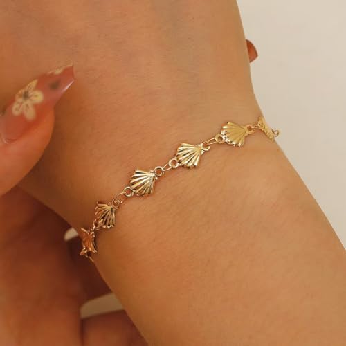 Statement Gold Small Beaded Seashell Chain Bracelet for Women, Dainty Simple Ocean Beach Sea Shell Bracelets Non Tarnish Boho Hawaii Vacation Jewelry