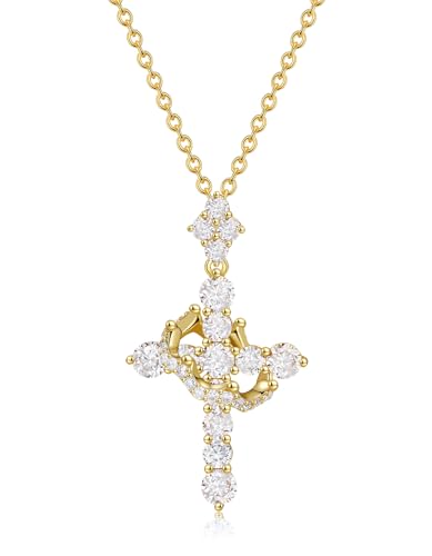 YIMERAIRE Upgraded Moissanite Crown Cross Necklace 14K Gold Vermeil 1.1 Carats Dainty Iced Out Easter Basket Stuffer Cross Jewelry S925 Sterling Silver Simple Gold Christian Faith Moissanite Cross Pendant Necklace For Women - color: 14k Gold Vermeil