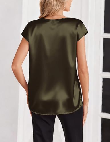 Zeagoo Women Silk Satin Tops Cap Short Sleeve Blouse V Neck Shirts Business Casual Outfits S-2XL - color: Army Green, size: Small