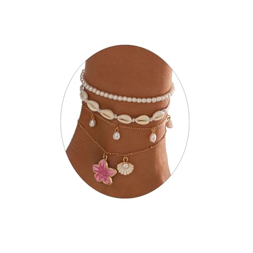 Fashion Layered Flower Charm Anklet for Women Golden Cuban Link Chain Tassel Waterproof Ankle Bracelet Adjustable Beach Vacation Foot Jewelry Summer Accessories - color: Pearl white