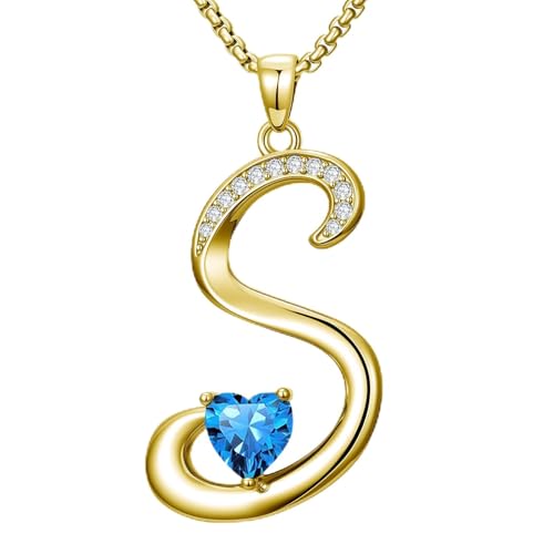 Birthday Gifts for Women 18k Gold Initial Necklaces for Women Simple Alphabets Letters with Birthstone Pendants Name Jewelry Anniversary Wedding Gifts for Sister Daughter Her (with Gift Box) - color: 12-Dec-Blue Topaz, style: Letter S